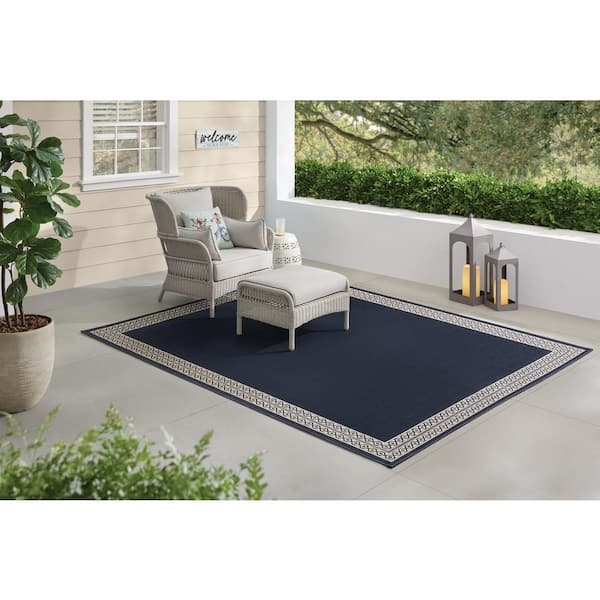 Area Rug Navy Diamond Border Trellis Pattern Coastal Patio