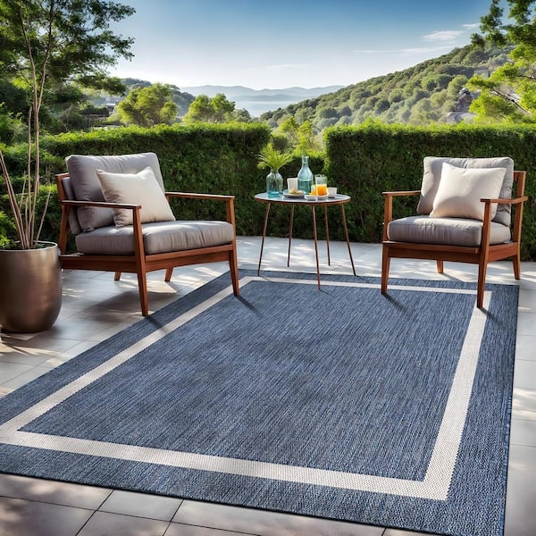 Area Rug Navy Greek Key Border Botanical Center Traditional