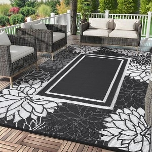 Area Rug Navy Hibiscus Floral Woven Plastic Tropical Outdoor