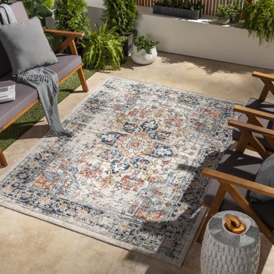 Area Rug Navy Orange Oriental Medallion Pattern Transitional