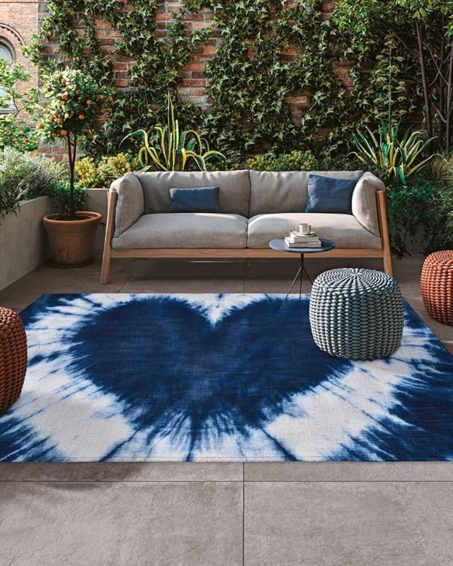 Area Rug Navy Tie-Dye Pattern Heart Motifs Bohemian Waterproof