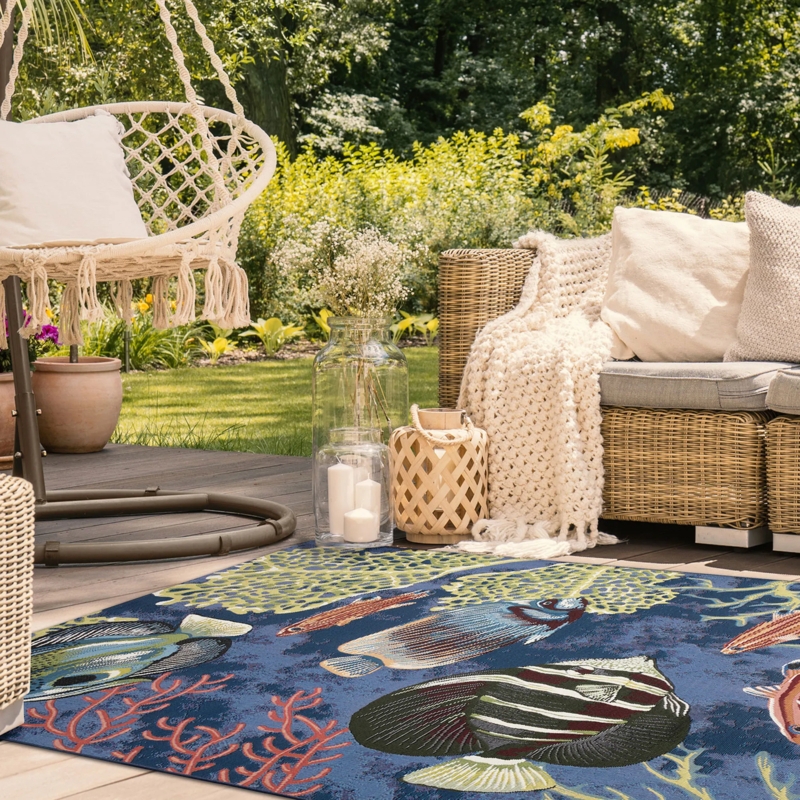Area Rug Navy Tropical Fish Pattern Aquatic Theme Coastal