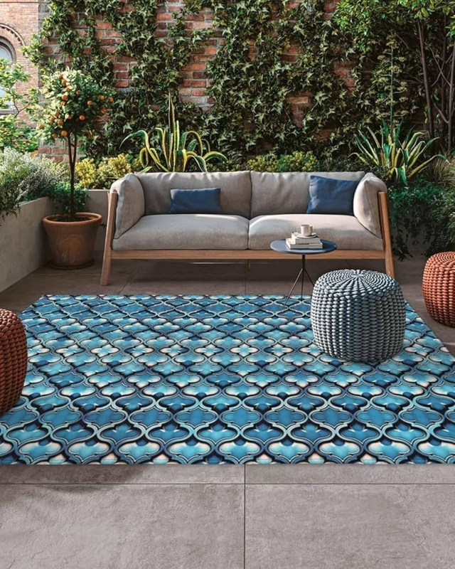 Area Rug Navy White Moroccan Trellis Flatweave Outdoor