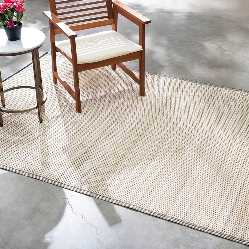 Area Rug Neutral Striped Flatweave Recycled Plastic Modern Coastal