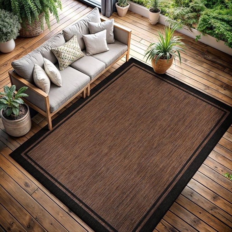 Area Rug: Nut Brown Bordered Design, Woven Modern Patio Dining Setup