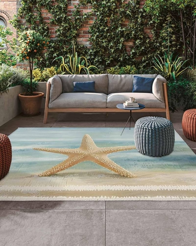 Area Rug Ocean Wave Starfish Pattern Blue Beige Coastal Beach Mat