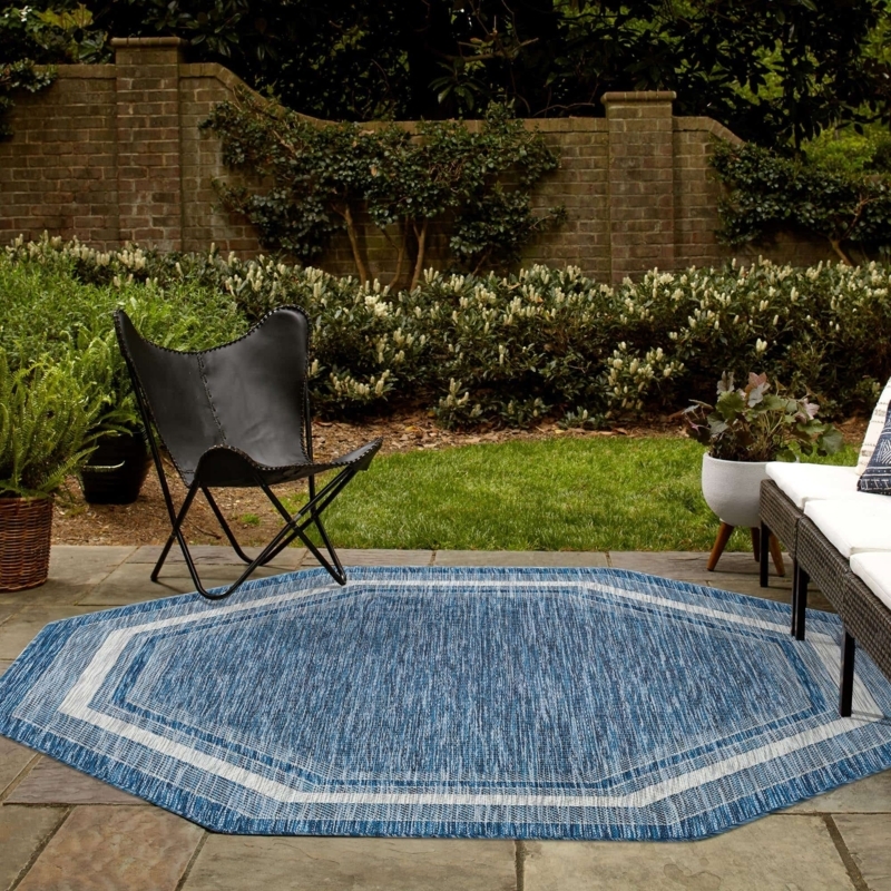 Area Rug Octagonal Navy Blue Border Flatweave Entryway