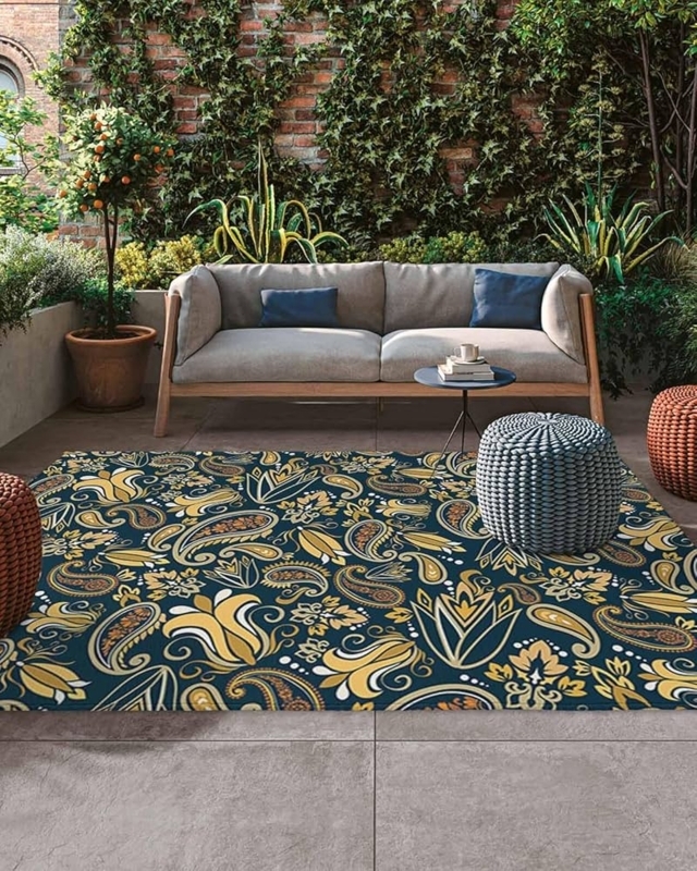 Area Rug Olive Green Paisley Pattern Flatweave Boho Patio Mat