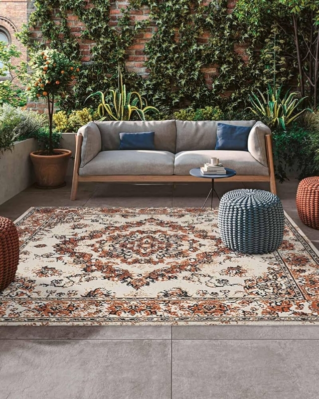 Area Rug Olive Medallion Print Waterproof Boho Vintage Style
