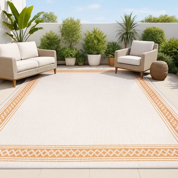 Area Rug: Orange Geometric Border and Diamond Lattice Center
