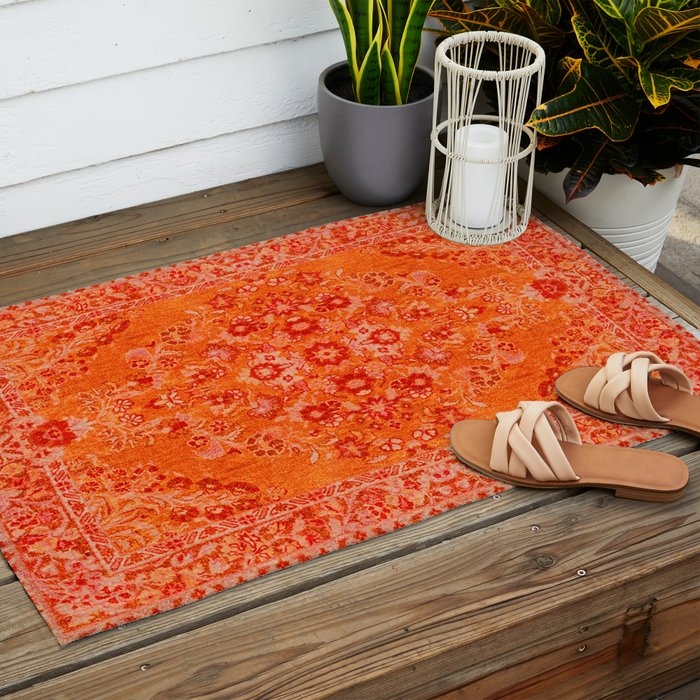 Area Rug Orange Moroccan Geometric Pattern Oriental Motif Deck