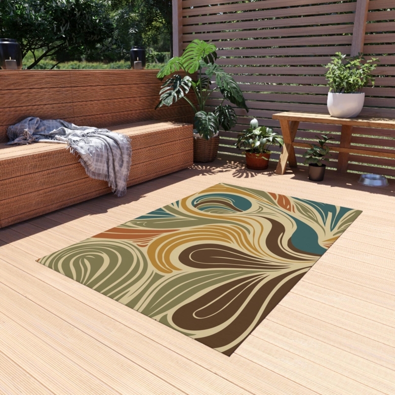 Area Rug Organic Wavy Lines Retro 70s Style Avocado Green Abstract