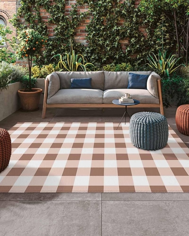 Area Rug Outdoor Woven Construction Brown Buffalo Plaid Patio Deck