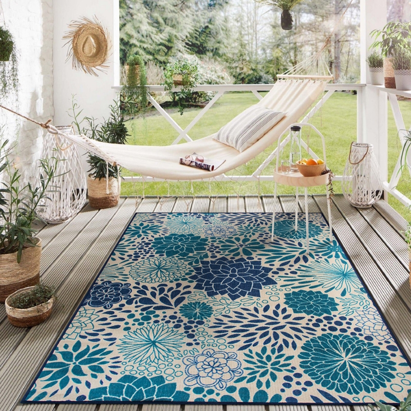 Area Rug, Overlapping Floral Circles, Navy Blue and Beige, Flatweave