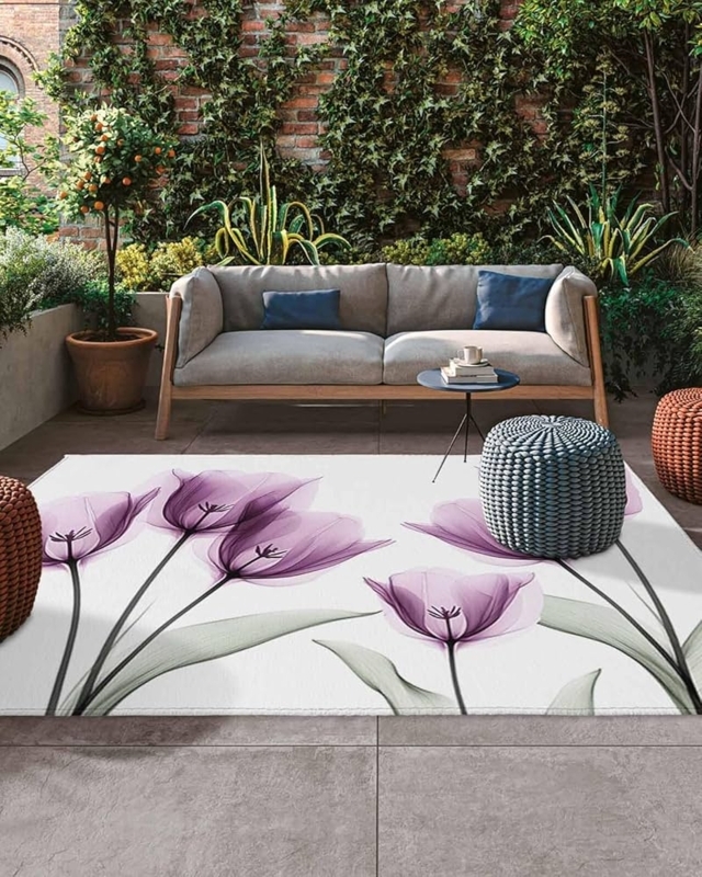 Area Rug Oversized Blooms Saturated Navy Base Vibrant Floral Patio