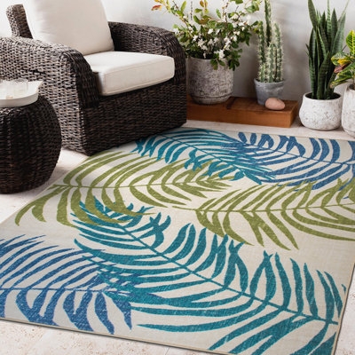 Area Rug: Oversized Botanical Print, Blue-Green. Botanical Print Outdoor Rug.