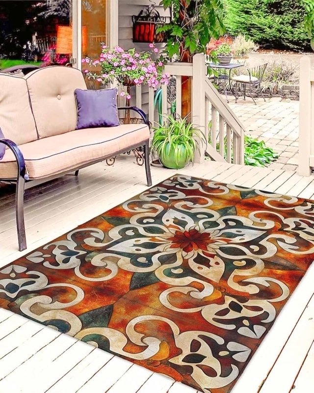 Area Rug Oversized Botanical Print Burnt Orange Vintage Inspired