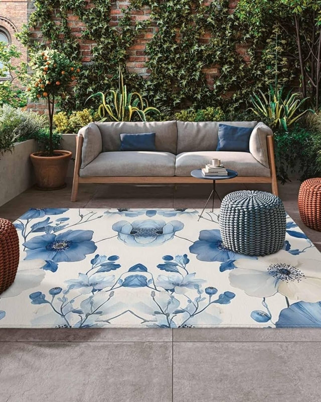 Area Rug Oversized Botanical Print Navy White Coastal Patio Decor
