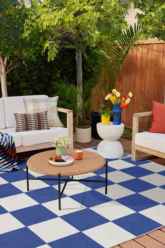 Area Rug Oversized Checkerboard Print Blue Off White Coastal Patio