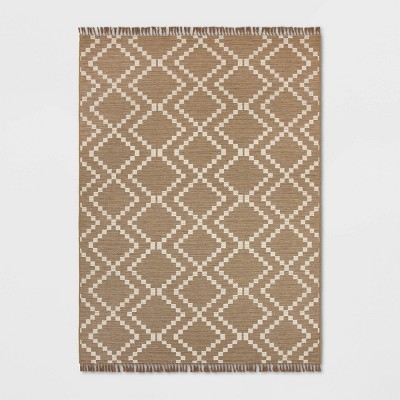 Area Rug Oversized Diamond Check Tan Cream Fringe Trim