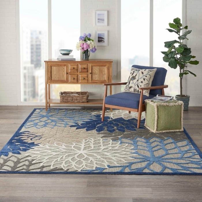 Area Rug Oversized Floral Pattern Textured Weave Blue Multicolor