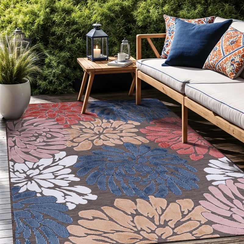 Area Rug: Oversized Floral Pattern, Washable, Dark Brown & Cream.