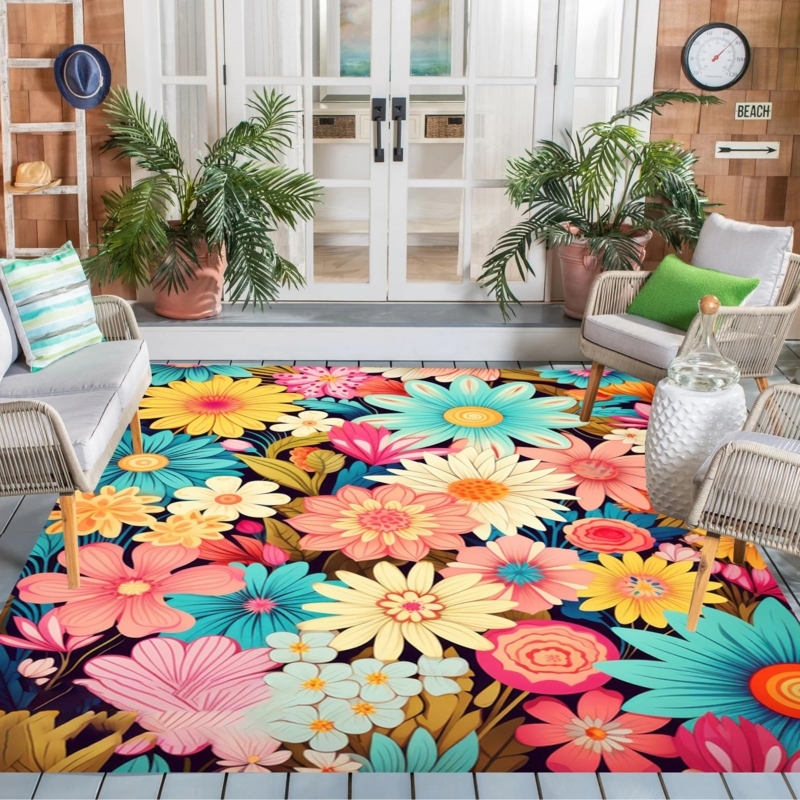 Area Rug Oversized Floral Print Vibrant Blue Flat Weave Patio Deck