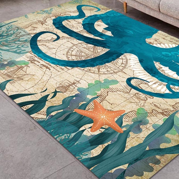 Area Rug Oversized Octopus Print Teal Cream Nautical Graphic Rug