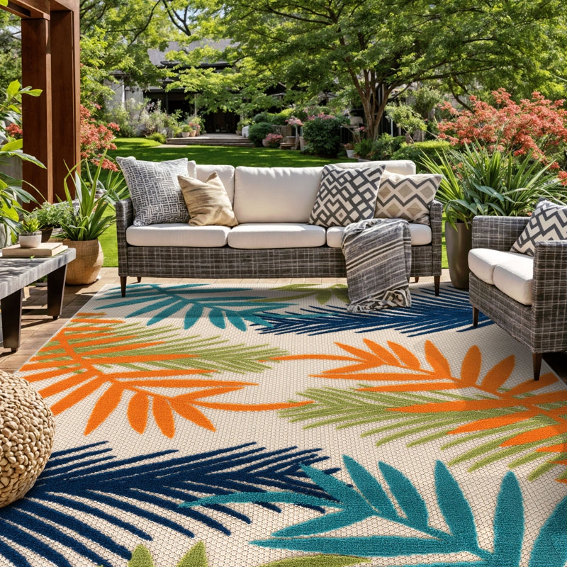 Area Rug Oversized Palm Motif High Contrast Flatweave Coastal Tropical