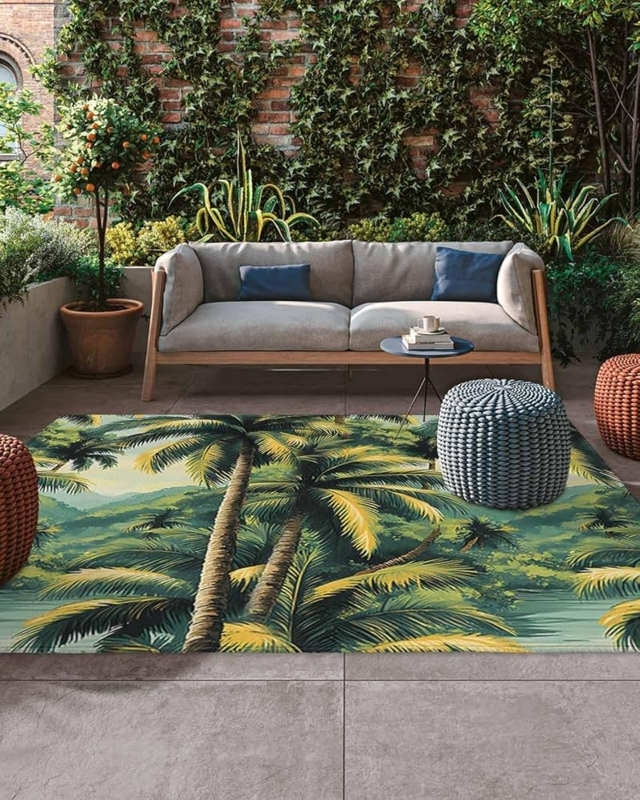 Area Rug, Oversized Tropical Palm Leaf Pattern, Coastal Deck Styling