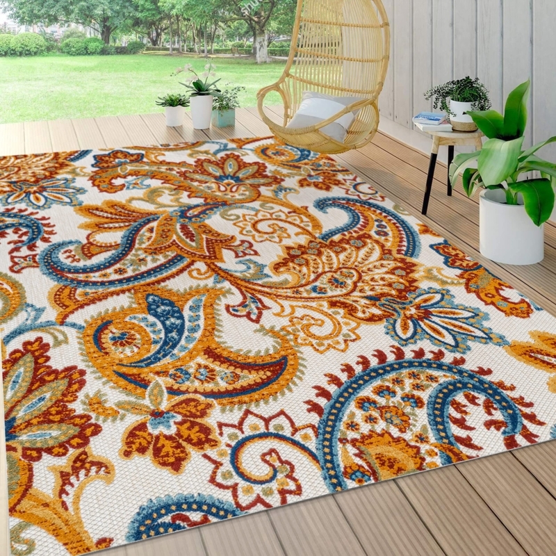 Area Rug Paisley Motif High-Low Pile Orange Blue Traditional
