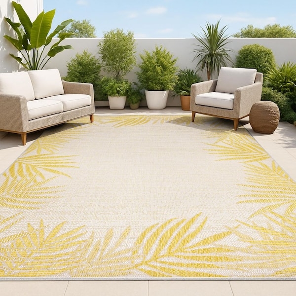 Area Rug Palm Frond Border Botanical Flatweave Coastal