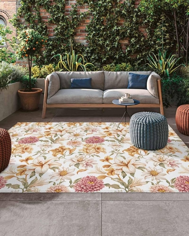 Area Rug Pastoral Floral Pattern Blue and Beige Weather Resistant