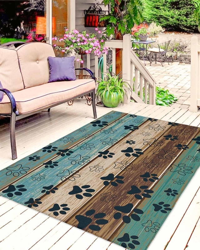 Area Rug Paw Print Motif Wood Grain, Rustic Farmhouse Porch Decor