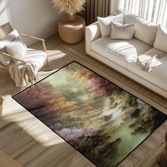 Area Rug, Pictorial Misty Forest Design, Biophilic Style, Earthy Tones