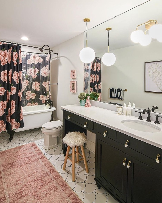 Area Rug: Pink Distressed Style in Glam Bathroom with Scalloped Tile