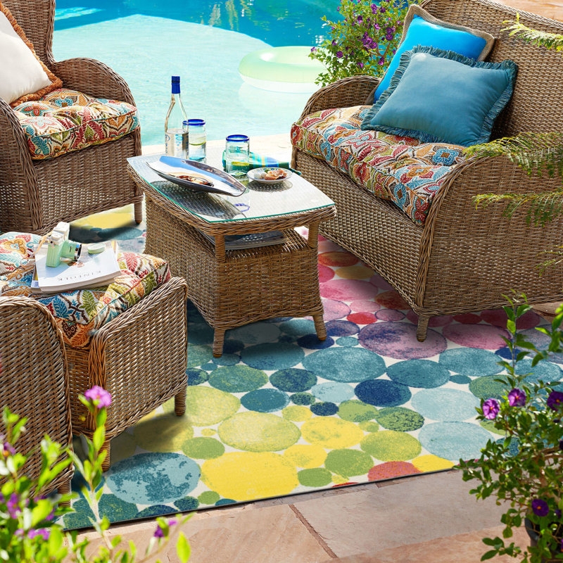 Area Rug: Playful Multicolored Bubbles, Kelly Green Performance Patio Decor.