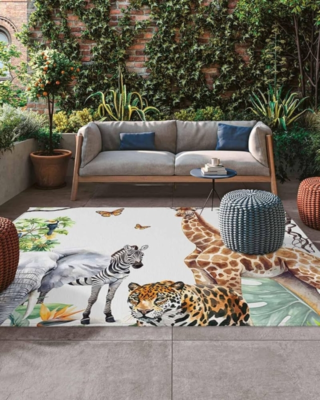 Area Rug, Playful Watercolor Animal Print Design, Plastic Straw Material