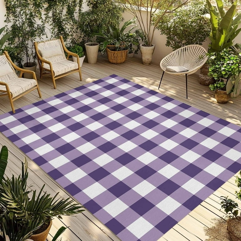 Area Rug Purple White Buffalo Plaid Synthetic Weave Vibrant Patio