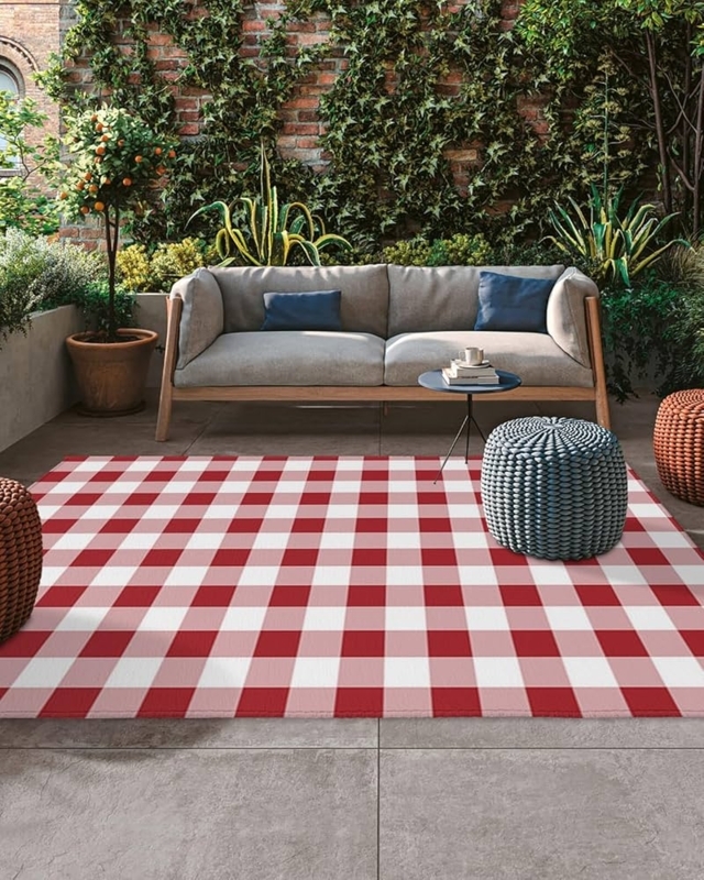 Area Rug Red Buffalo Check Woven Plastic Straw Patio Deck
