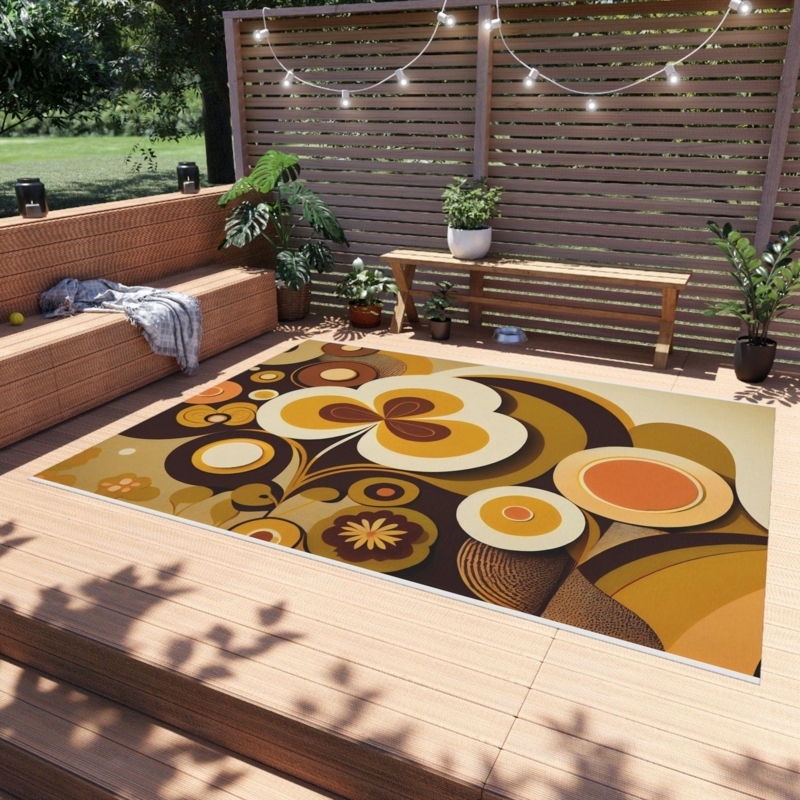 Area Rug Retro 70s Wavy Abstract Low Pile Outdoor Orange Yellow Pink