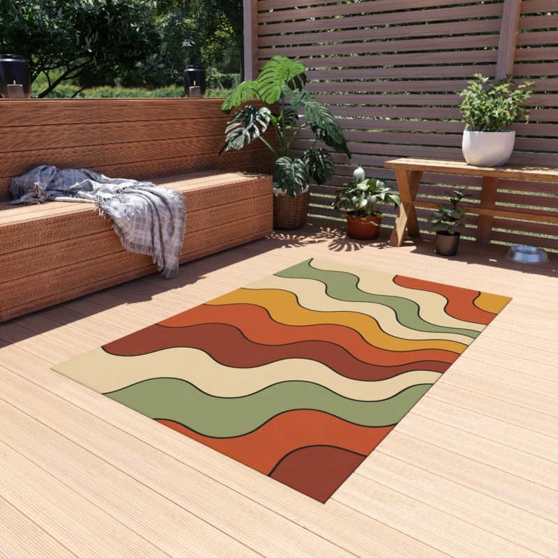 Area Rug Retro 70s Wavy Rainbow Low Pile Indoor Outdoor Earthy Tone