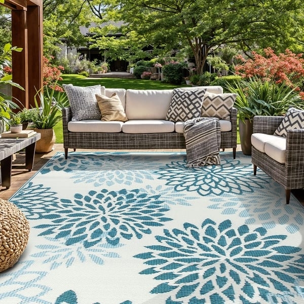 Area Rug Reversible Colorway Navy Tropical Floral Recycled Plastic