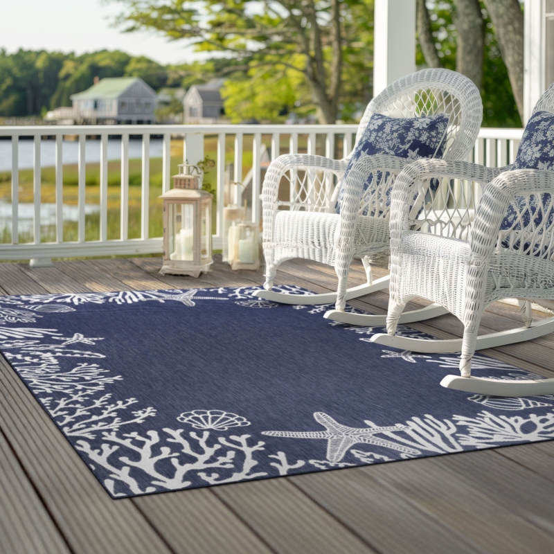Area Rug, Reversible Navy Geometric Medallion Pattern, Coastal Porch