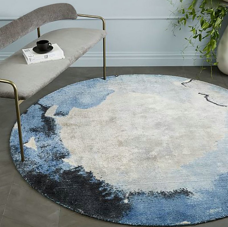 Area Rug Round Abstract Watercolor Pattern Cool Toned Palette Blue Gray