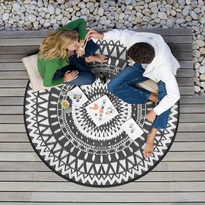 Area Rug Round Beige Charcoal Geometric Border Patio