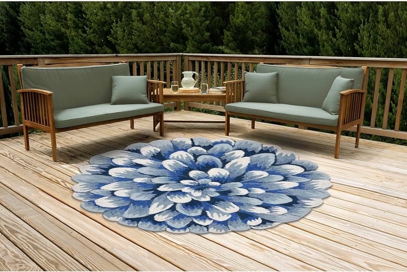 Area Rug Round Chrysanthemum Blue Floral Hooked