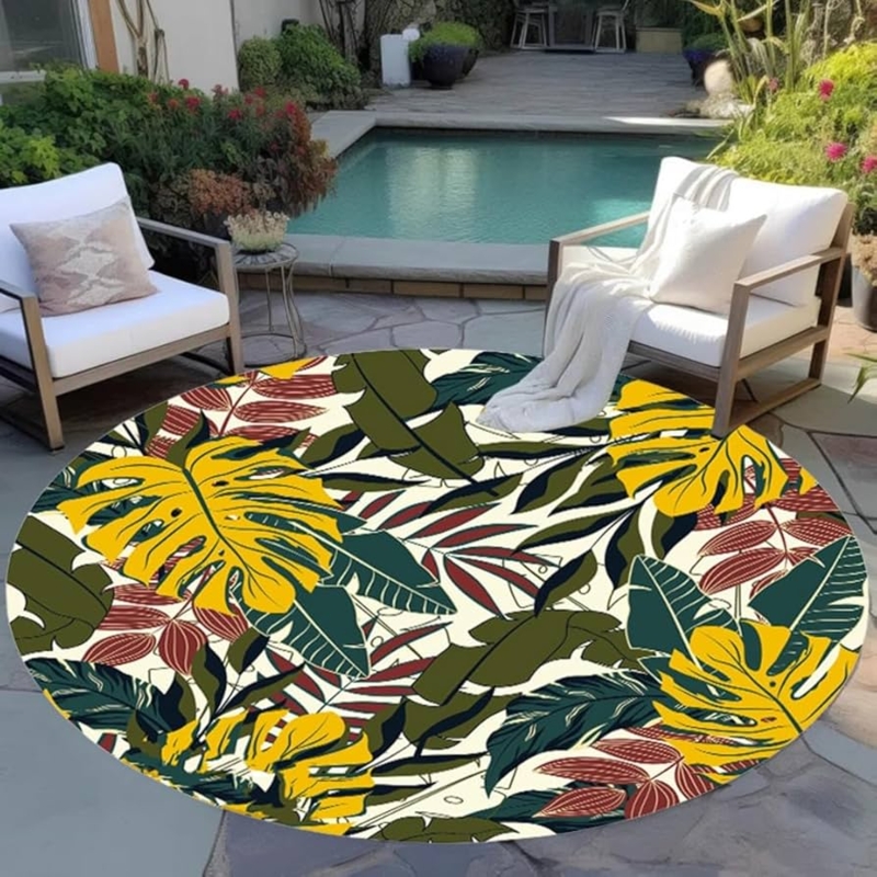 Area Rug Round Monstera Leaf Pattern Vibrant Tropical