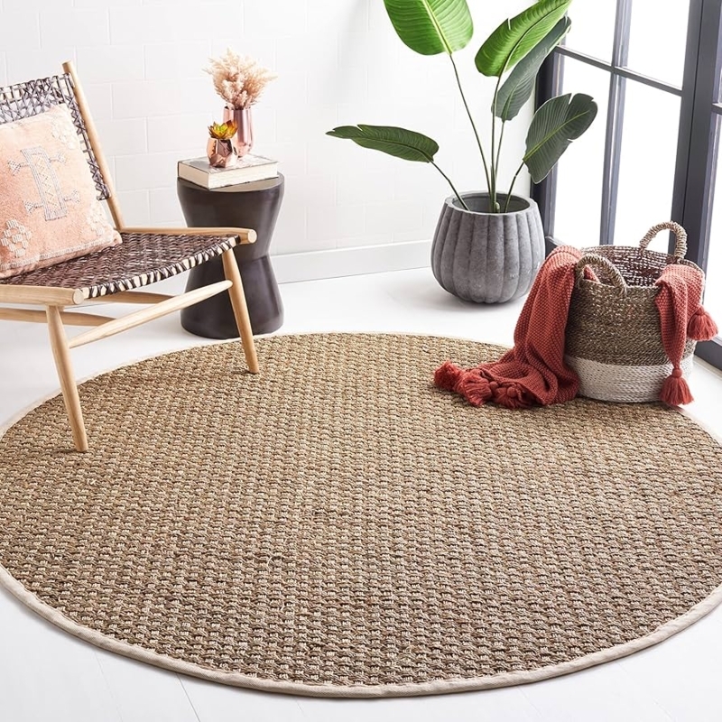 Area Rug Round Natural Basketweave with Ivory Border Organic Coastal
