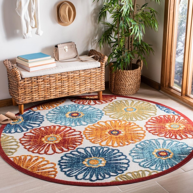 Area Rug Round Navy and White Clover Motif Coastal Patio Seating